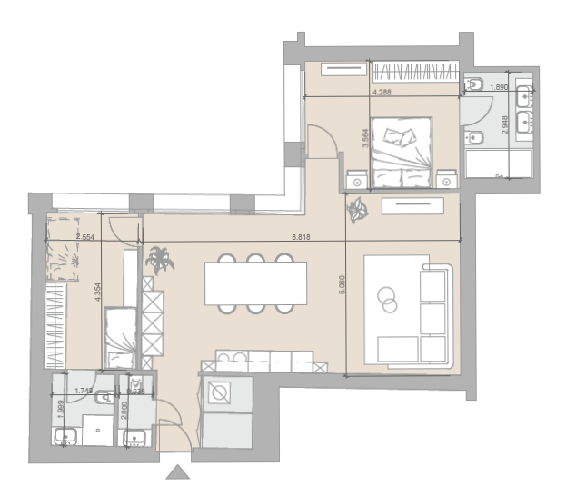 Grundriss einer Wohnung mit Wohn-, Schlaf- und Sanitärbereichen