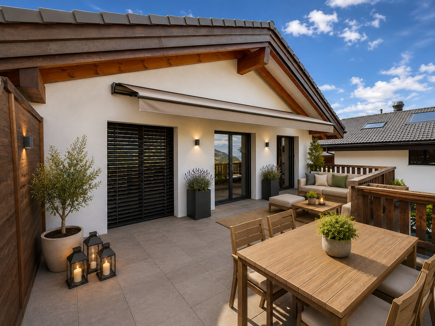 Überdachte Dachterrasse mit Ess- und Loungebereich