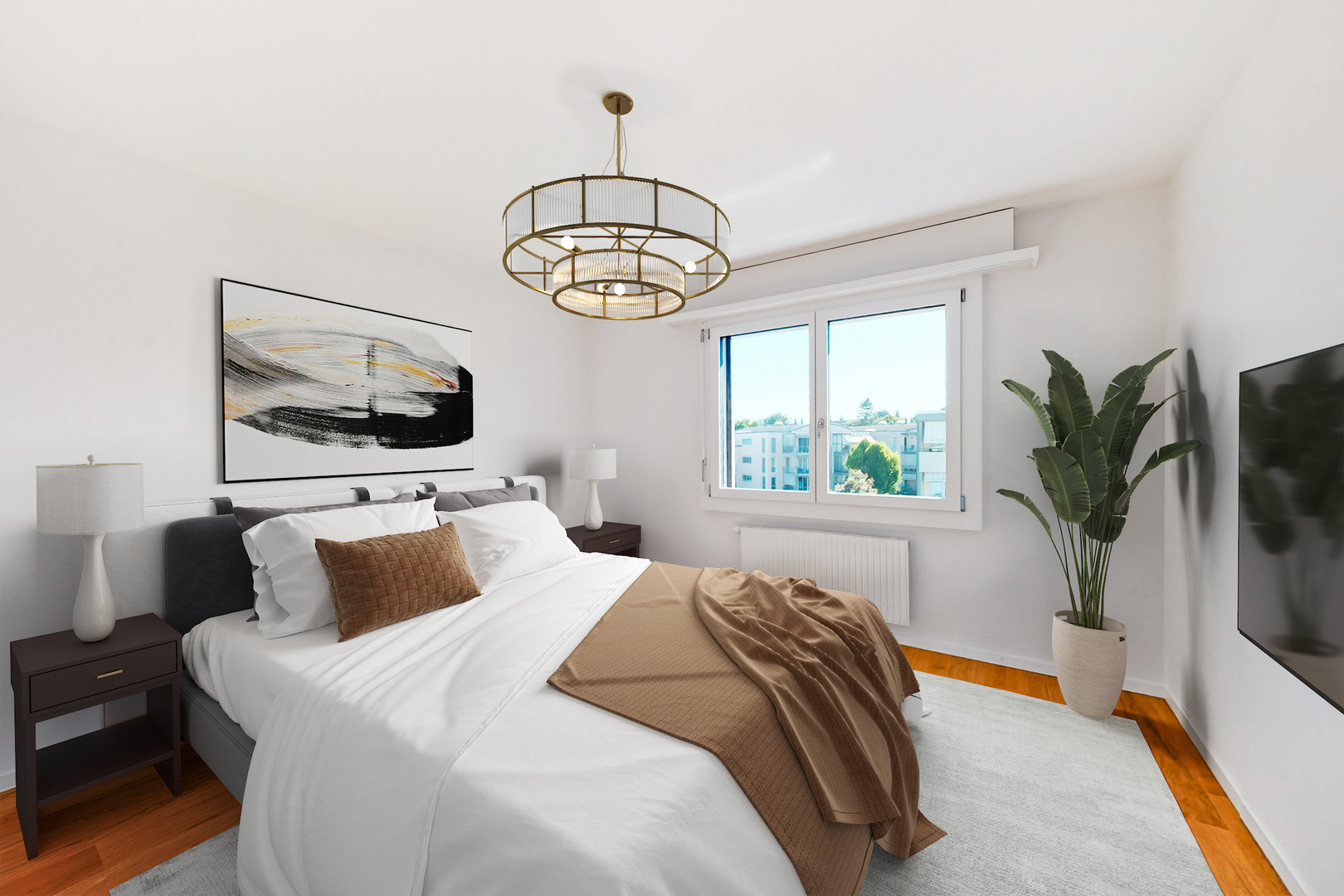Helles, modernes Schlafzimmer mit Balkonblick