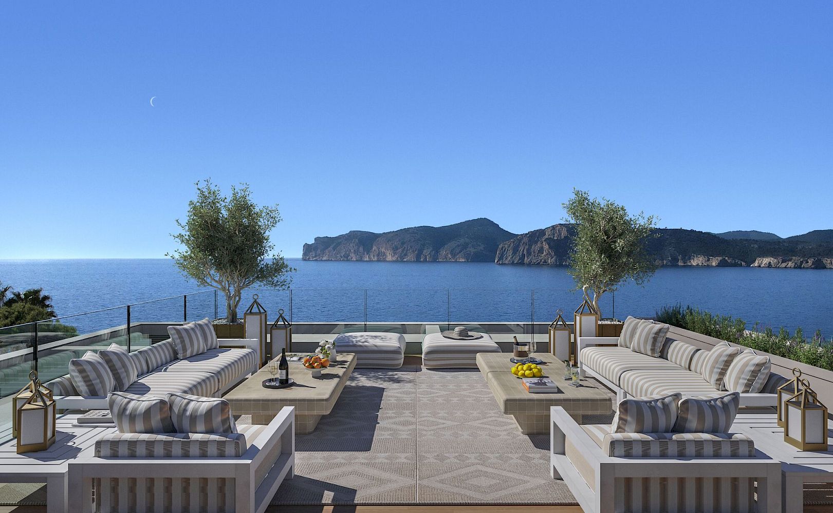 Meerblick-Terrasse mit Lounge-Möbeln