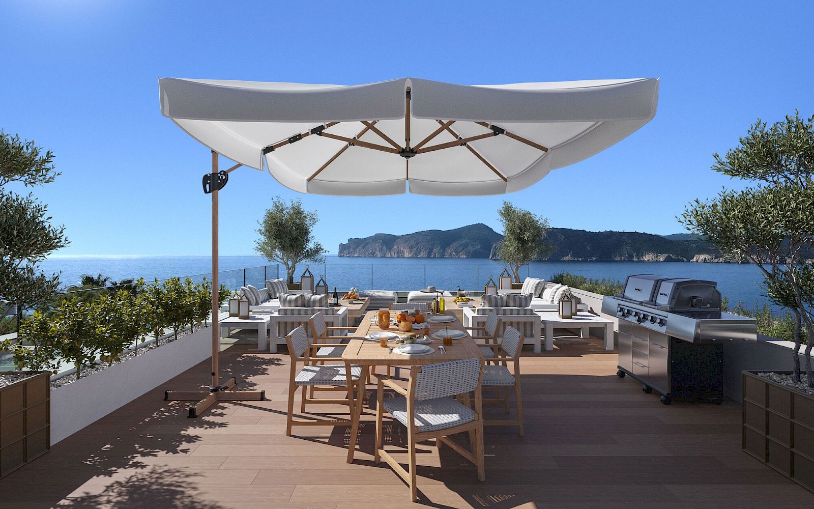 Luxuriöse Meerblick-Terrasse mit Lounge- und Essbereich