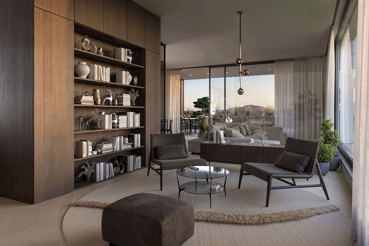 Modernes Wohnzimmer mit Panoramafenstern und Dachterrasse