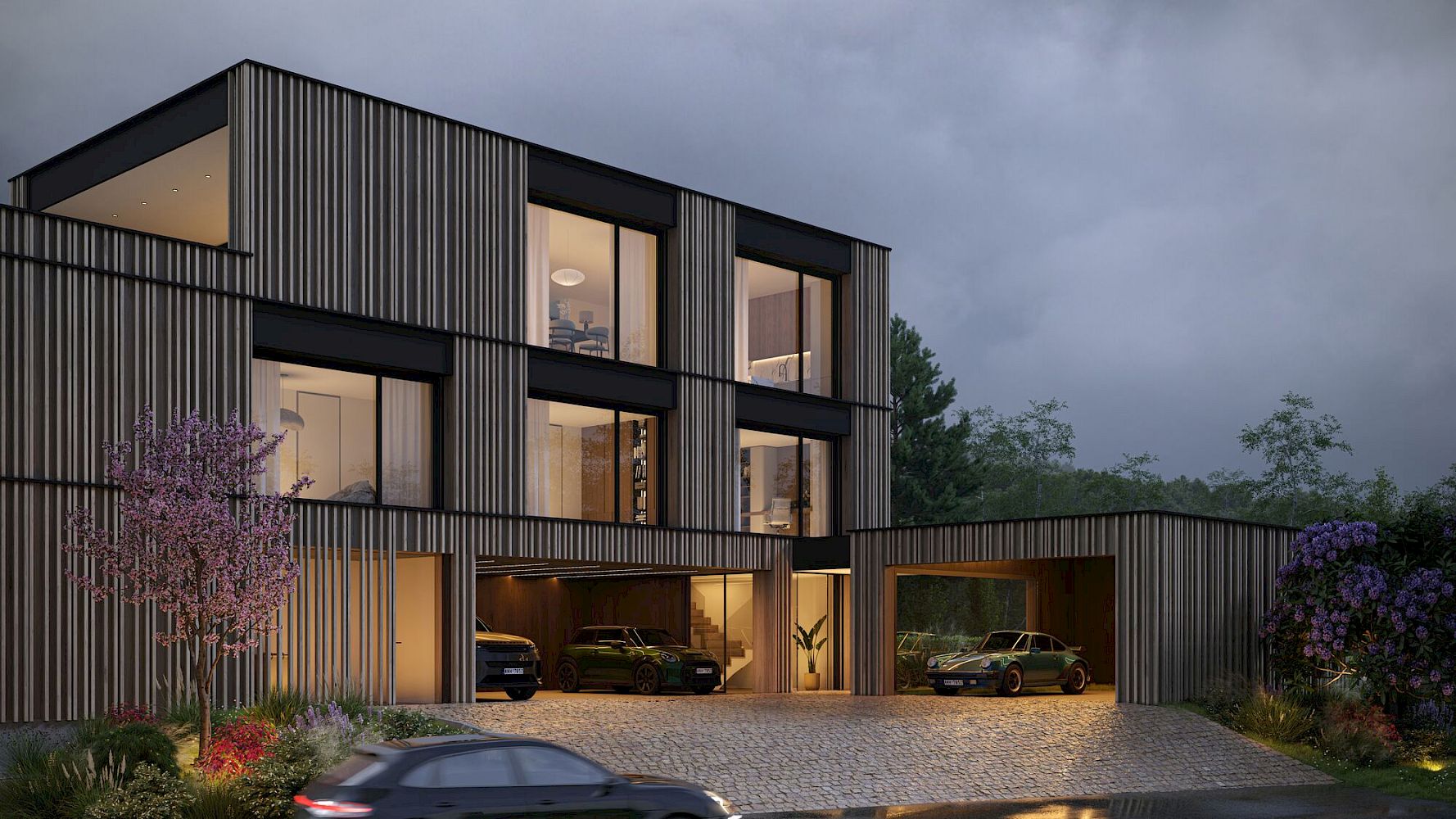 Modernes Einfamilienhaus mit vertikaler Holz-/Metallfassade und Doppelgarage