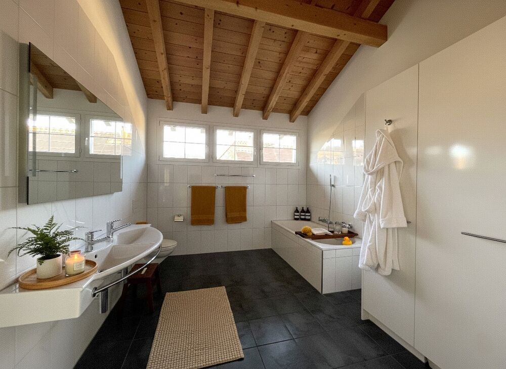 Modernes Badezimmer mit Holzdecke und Badewanne
