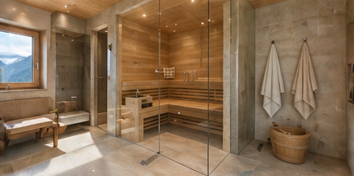 Moderne Spa-Sauna mit Blick in die Berge