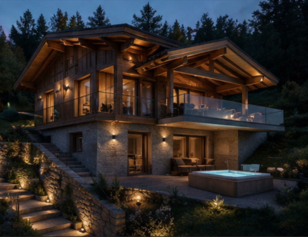 Abendliche Außenansicht eines modernen Chalets mit Wellnessbereich