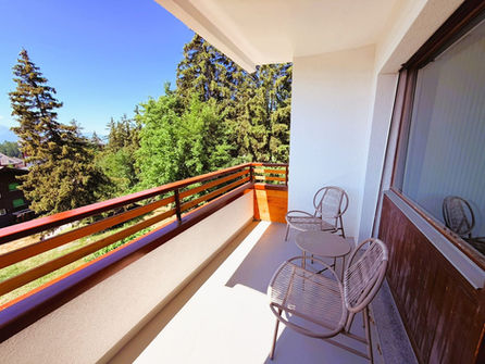 Balkon mit Holzgeländer und Blick ins Grüne