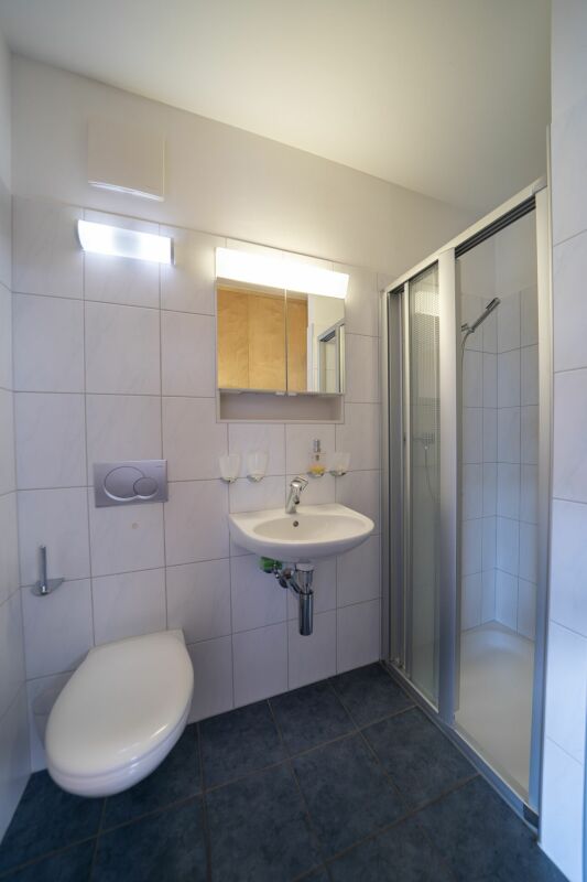 Kleines Badezimmer mit Dusche und Wand-WC