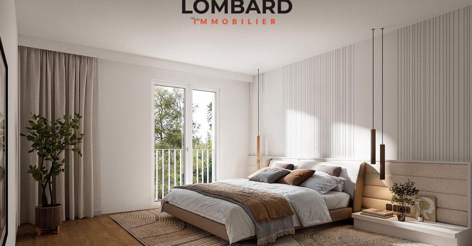 Modernes Schlafzimmer mit Balkon und Panoramafenster