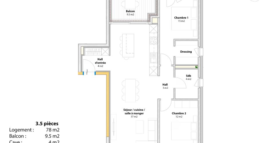 Grundriss einer 3,5-Zimmer-Wohnung