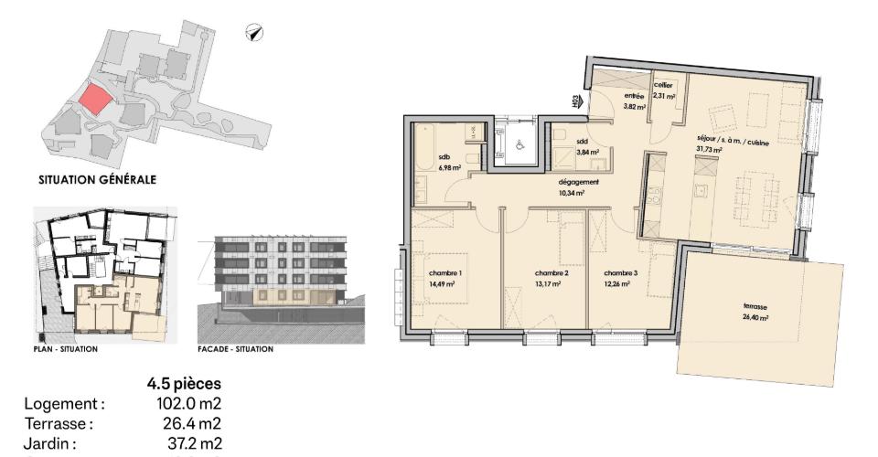 Grundriss einer 4,5-Zimmer-Wohnung mit Terrasse und Garten