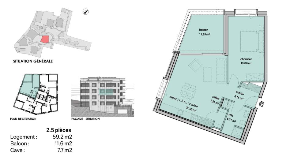 Wohnungsgrundriss mit Lageplan und Fassadenansicht