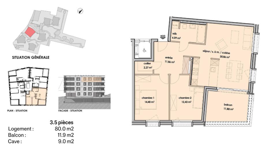 Grundriss einer 3,5-Zimmer-Wohnung mit Balkon und Keller