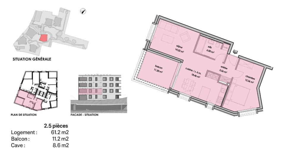 Wohnungsgrundriss mit Situationsplan und Fassadenansicht