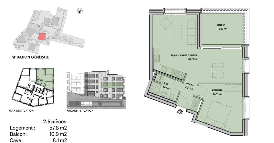 Wohnungsgrundriss mit Balkon und Lageübersicht