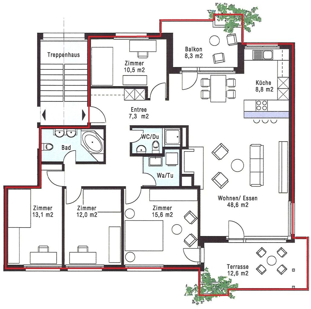 Grundriss einer Wohnung mit Balkon und Terrasse