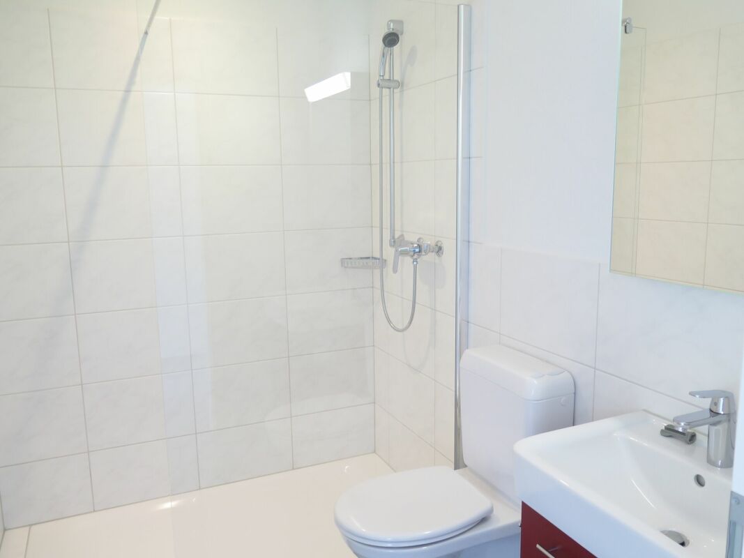 Helles Badezimmer mit Dusche, WC und Waschbecken