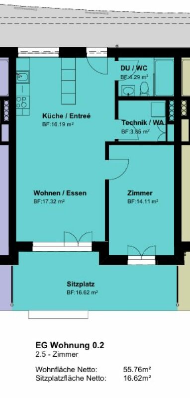 Grundriss einer 2,5-Zimmer-Wohnung im Erdgeschoss