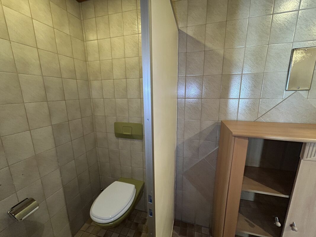 Gäste-WC mit Wand-WC und Holzschrank
