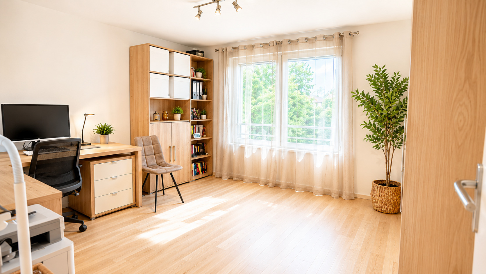 Helles Arbeitszimmer mit Holzmöbeln