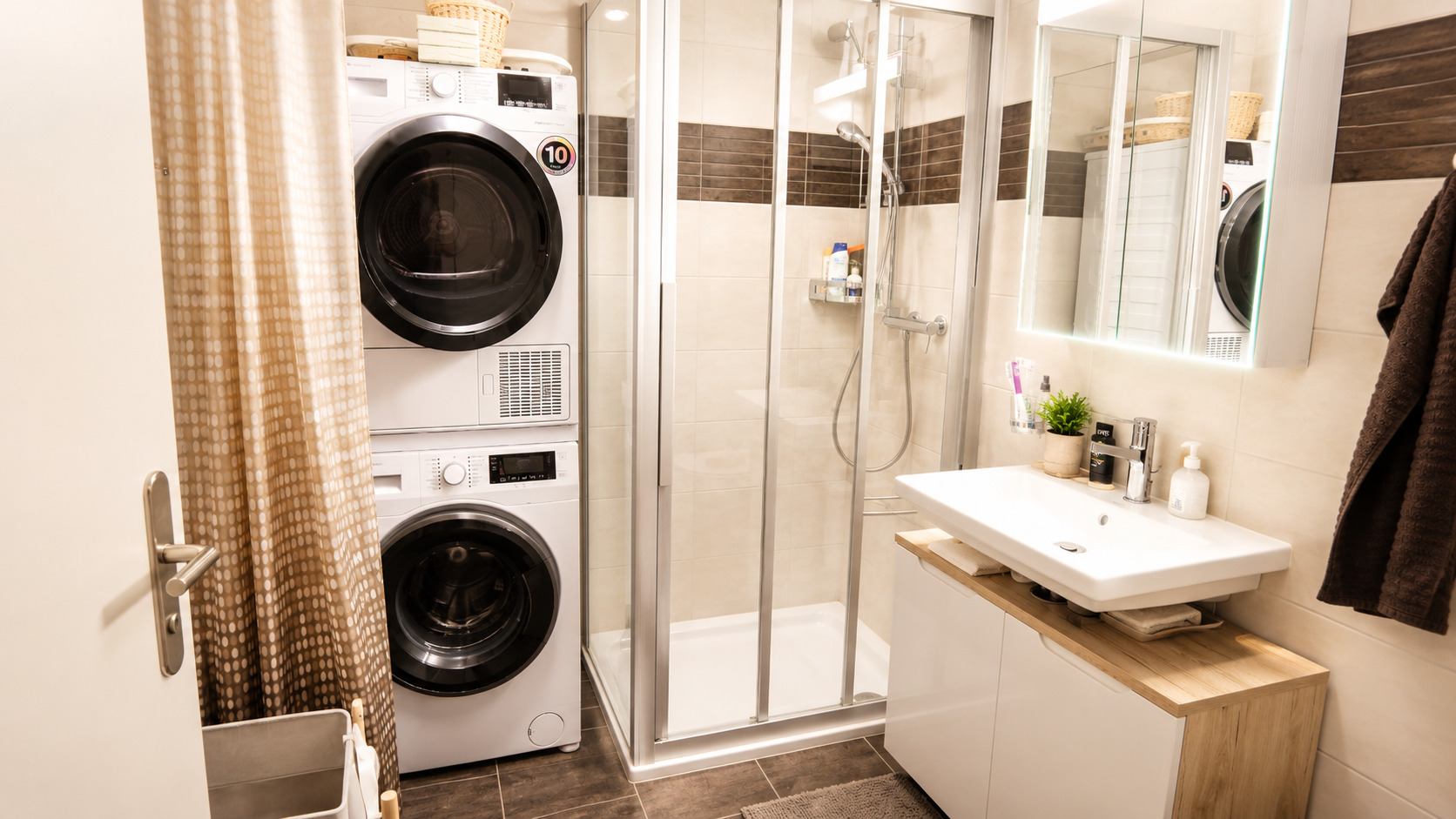 Modernes Badezimmer mit Waschmaschine und Dusche