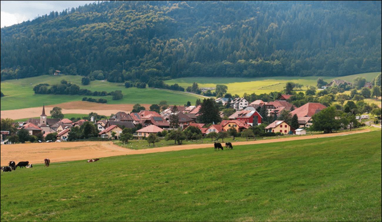 Ländliches Tal mit Dorf und Bergkulisse