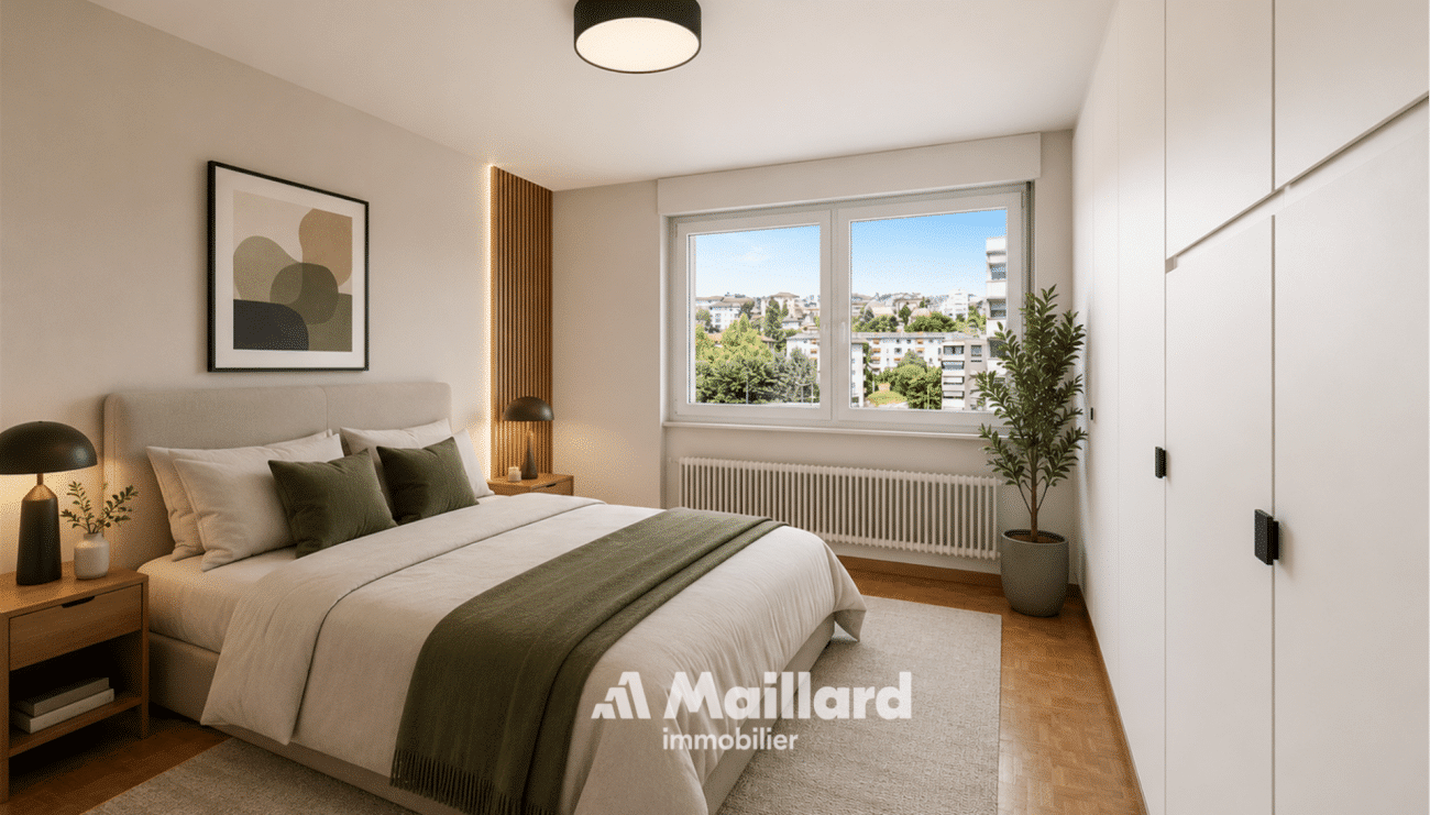 Helles Schlafzimmer mit Fensterblick