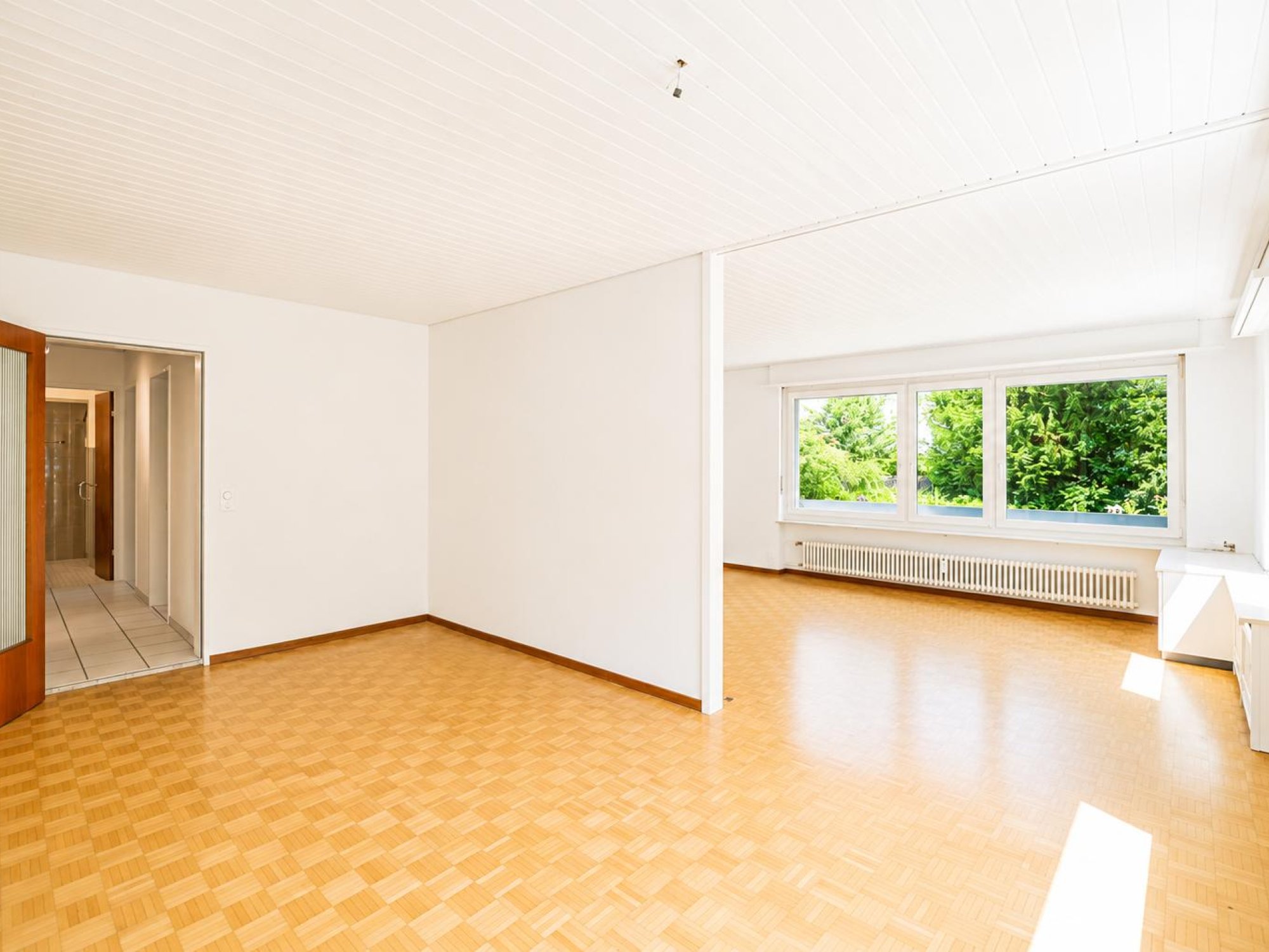 Heller leerer Wohnraum mit großen Fenstern