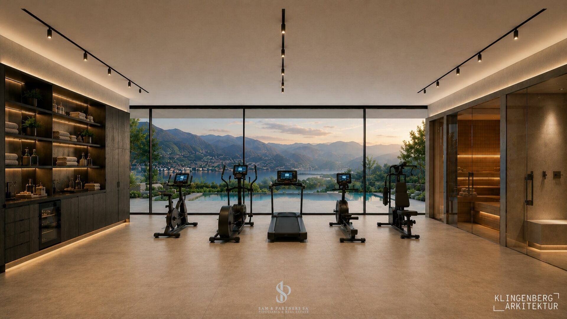 Luxuriöser Fitnessraum mit Panoramablick