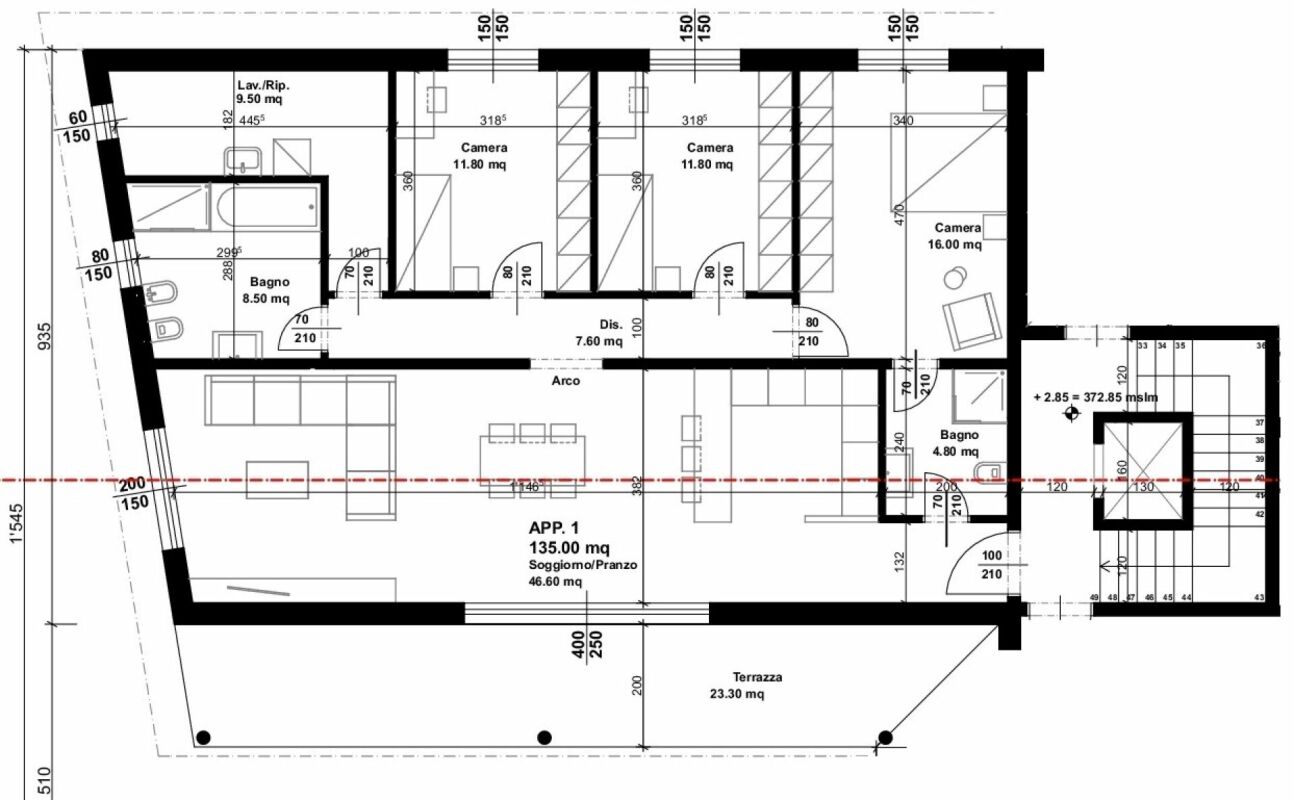 Grundriss einer Wohnung mit Terrasse und mehreren Zimmern