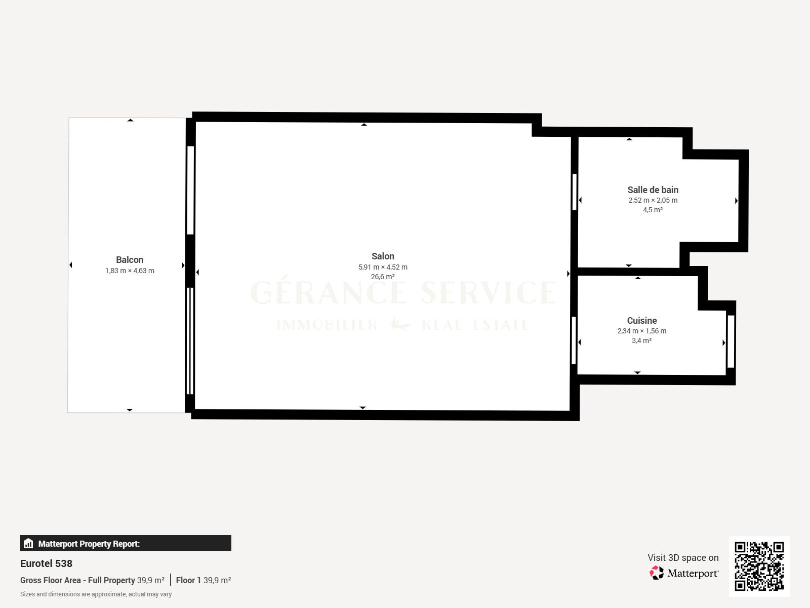 Grundriss einer Wohnung mit Balkon, Wohnzimmer, Badezimmer und Küche