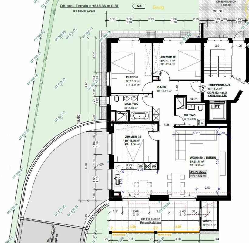 Grundriss einer Wohnung mit Treppenhaus und Lift