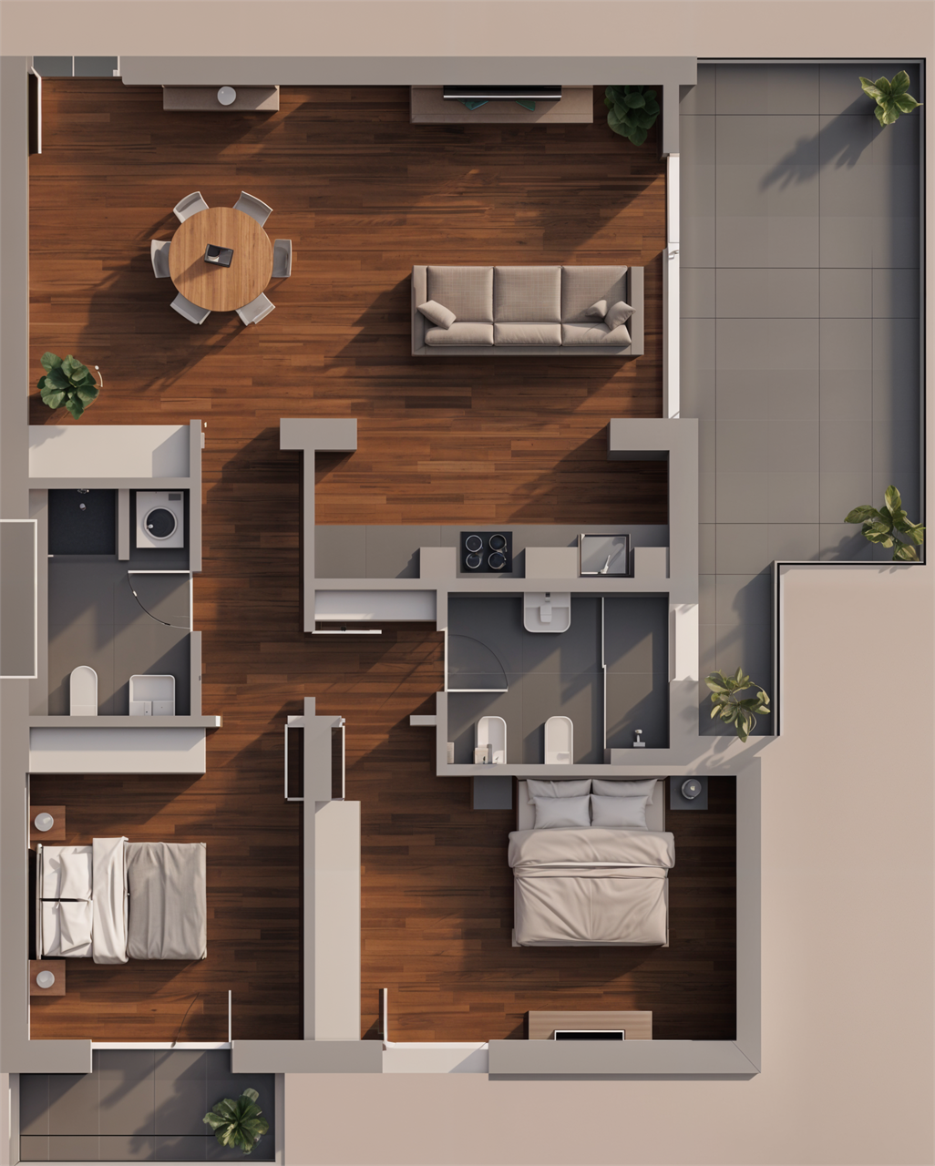 Grundriss einer Wohnung mit Wohnbereich, zwei Schlafzimmern, Bad und Terrasse