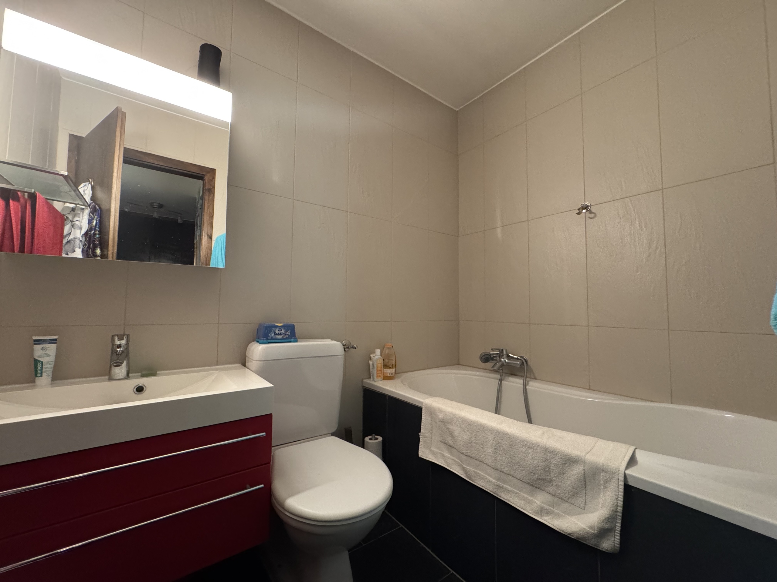Modernes Badezimmer mit Wanne, Waschtisch und WC