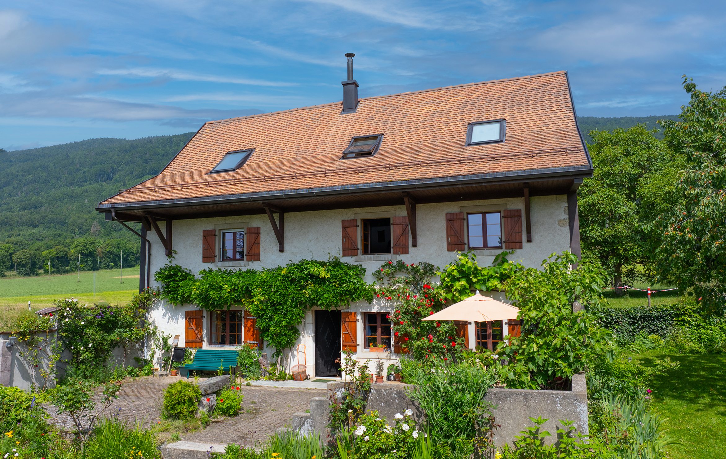 Ländliches Haus mit Satteldach und Garten