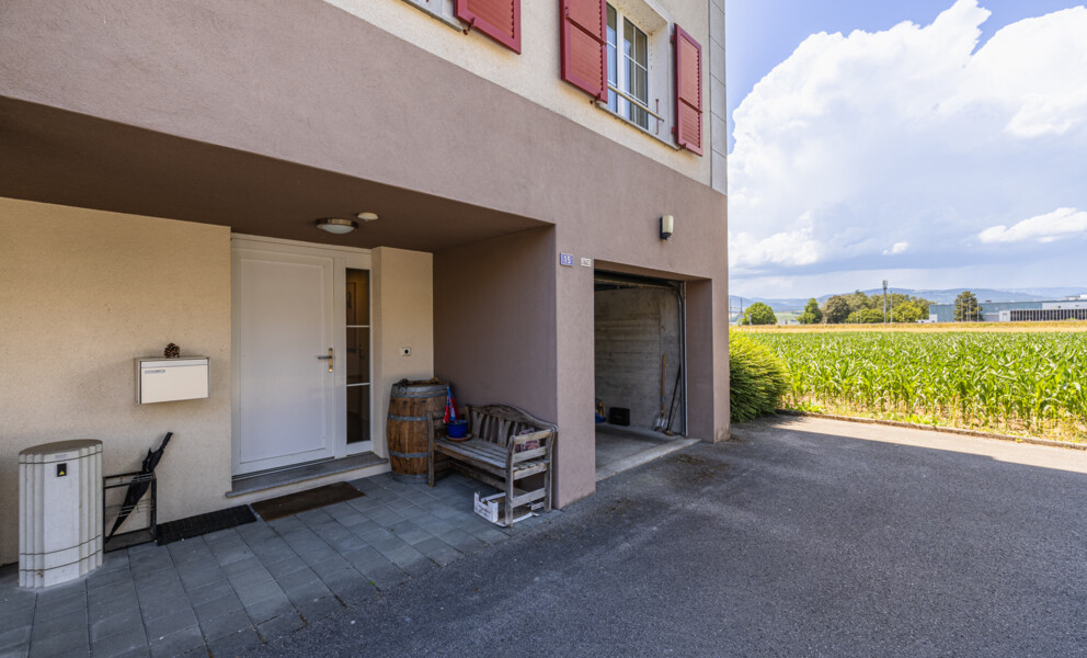 Hauszugang mit Garage und Feldblick
