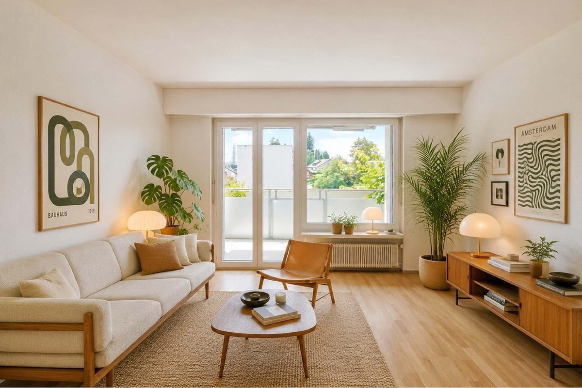 Helles, modern eingerichtetes Wohnzimmer mit Balkonzugang