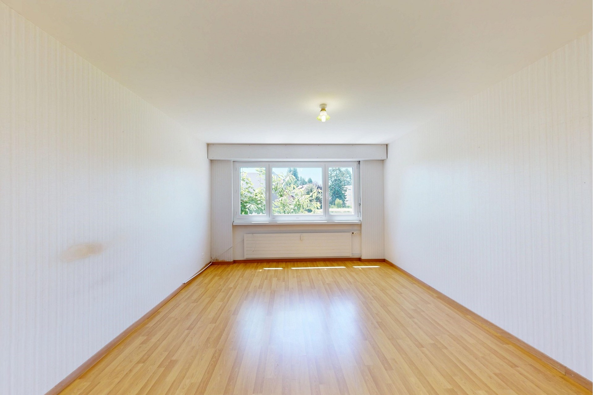 Langer leerer Wohnraum mit Fensterfront