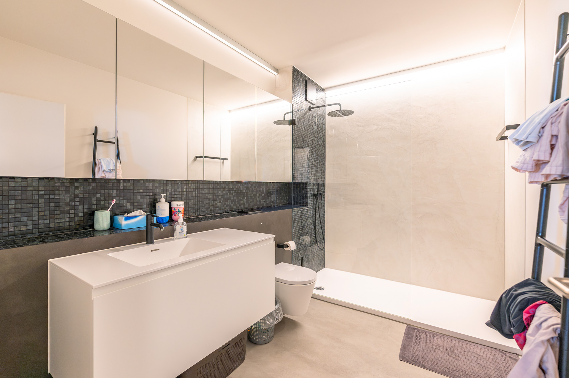 Modernes Badezimmer mit Walk-in-Dusche und Waschtisch