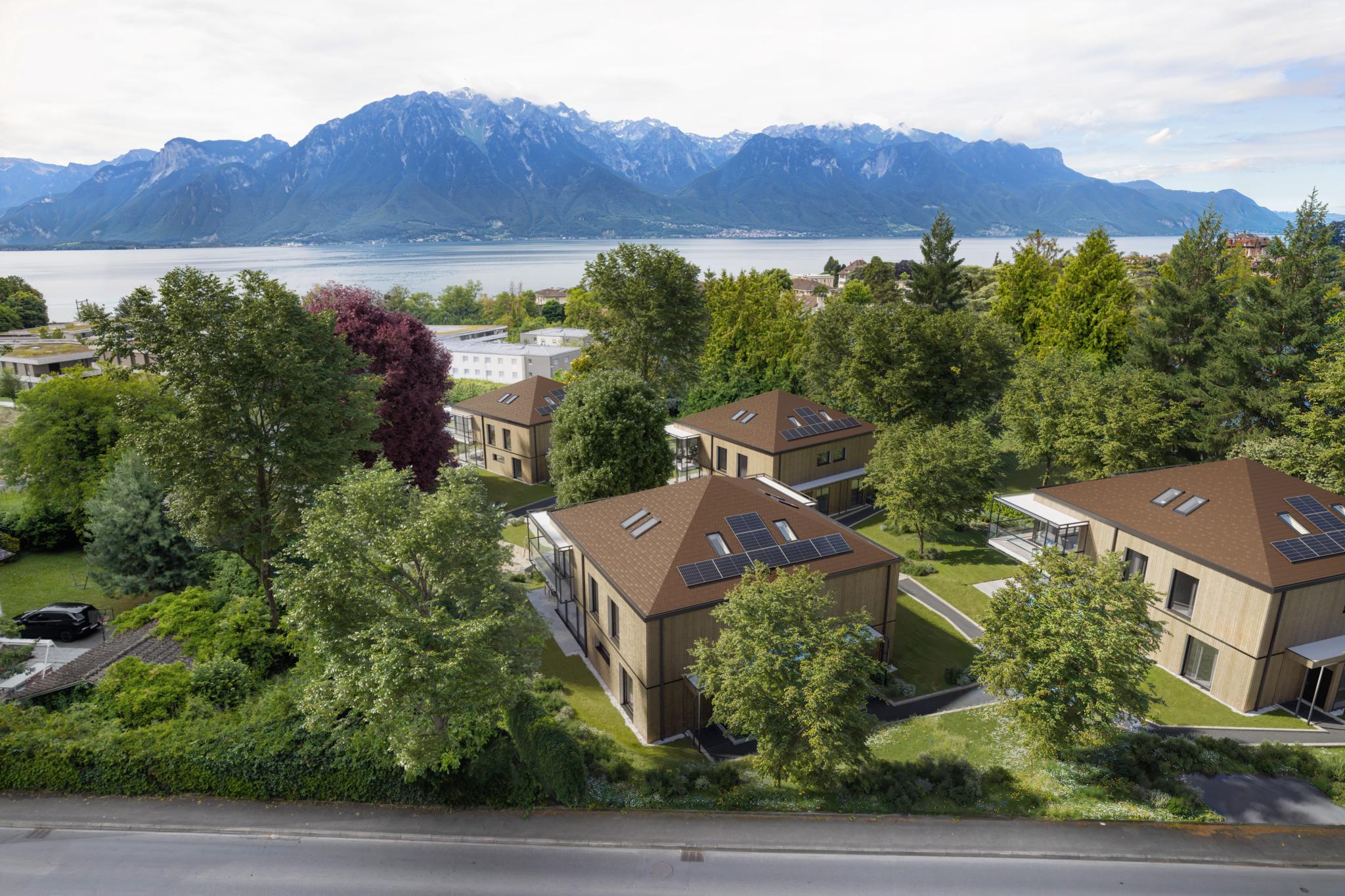 Seeblick auf moderne Wohnanlage