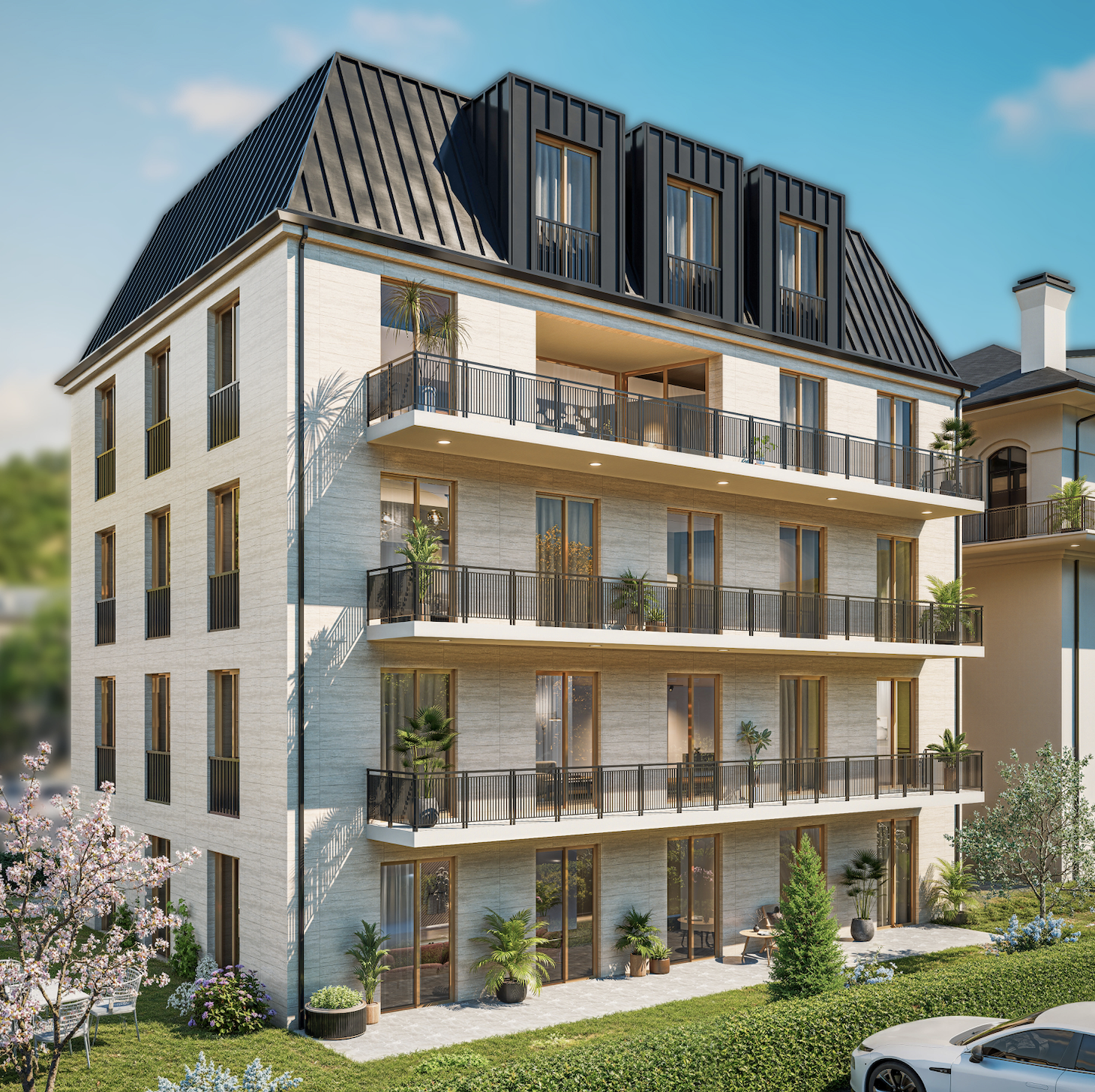 Modernes Mehrfamilienhaus mit Balkonen und Garten