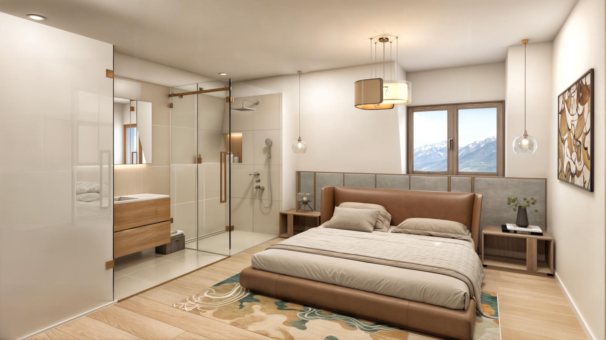 Modernes Schlafzimmer mit integrierter Badzone