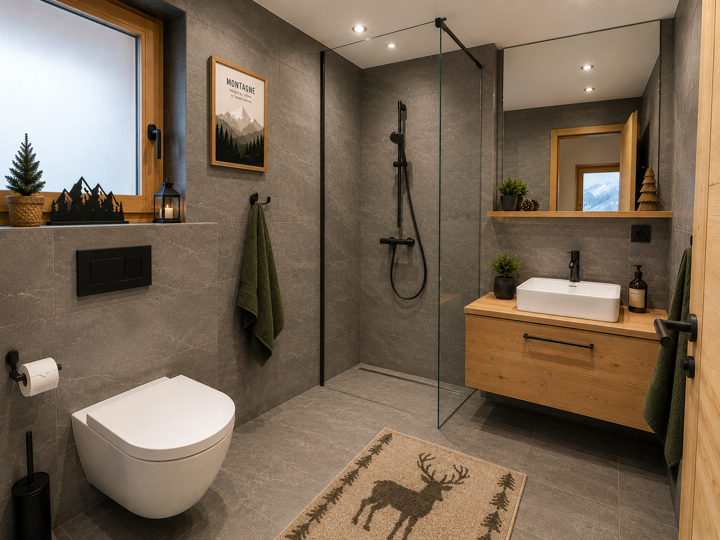 Modernes Badezimmer mit Holz- und Natursteinoptik