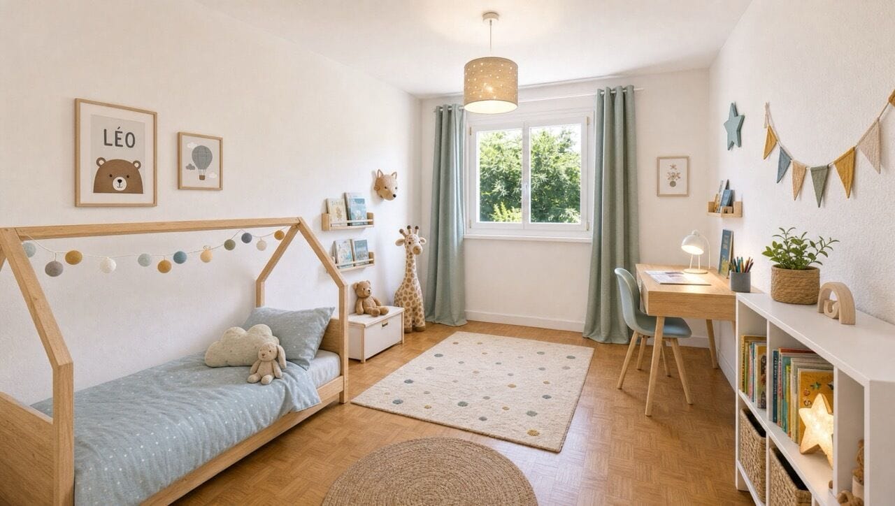 Kinderzimmer mit Hausbett und Arbeitsplatz