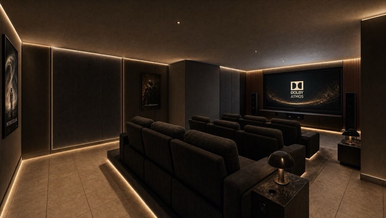 Privates Heimkino mit Sitzreihen und Leinwand