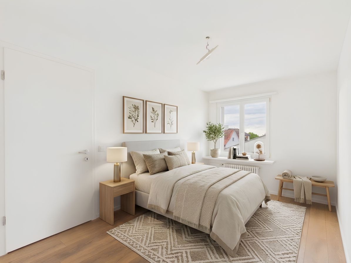 Helles, modernes Schlafzimmer mit minimalistischer Einrichtung