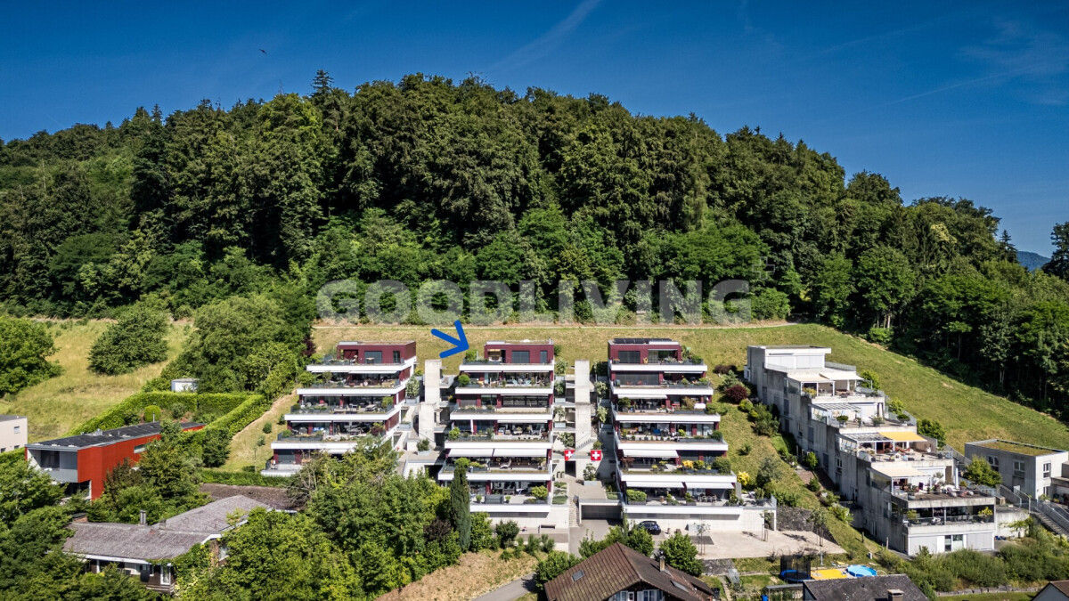 Luftaufnahme einer terrassierten Wohnanlage am Hang