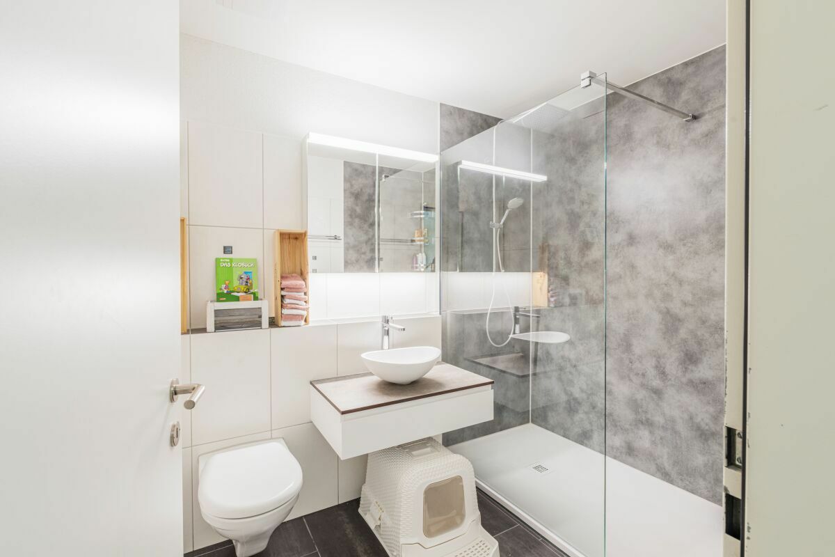 Modernes Badezimmer mit Dusche und Waschtisch