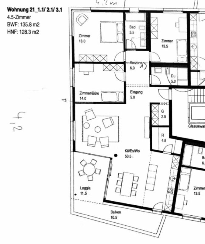 Wohnungsgrundriss mit 4,5 Zimmern