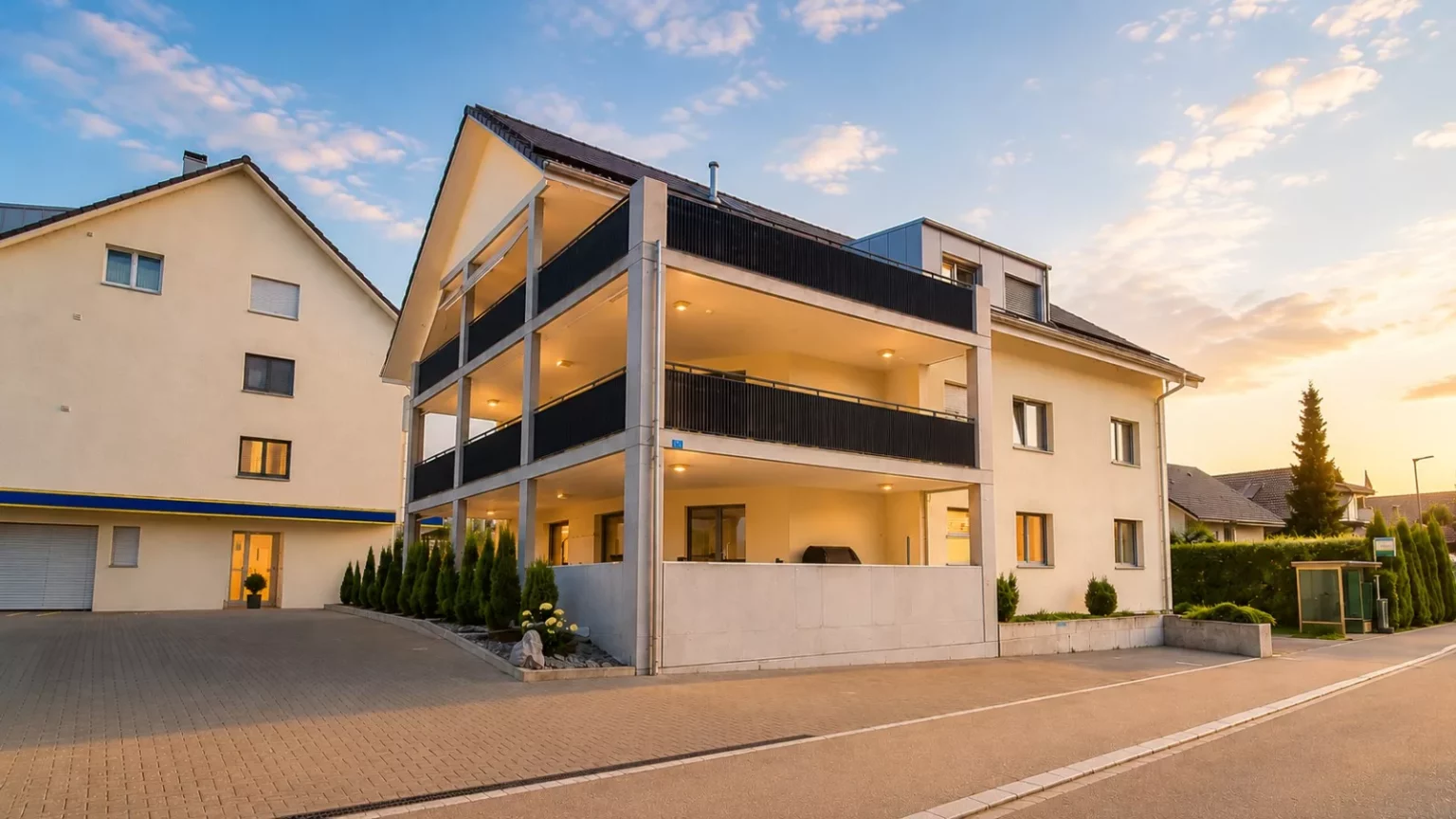 Mehrfamilienhaus mit Balkonen bei Sonnenuntergang